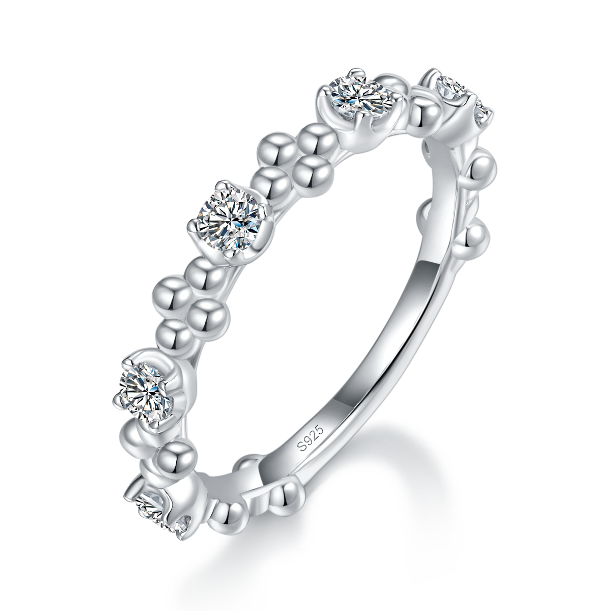 复古式圆珠女戒排戒S925银镀白金定制选款副石莫桑钻0.35ct