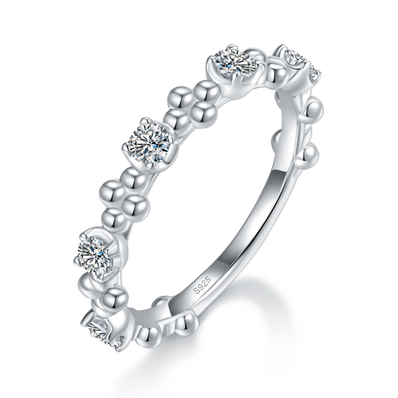 复古式圆珠Women's Ring排戒S925银镀白金定制选款副石Moissanite0.35ct