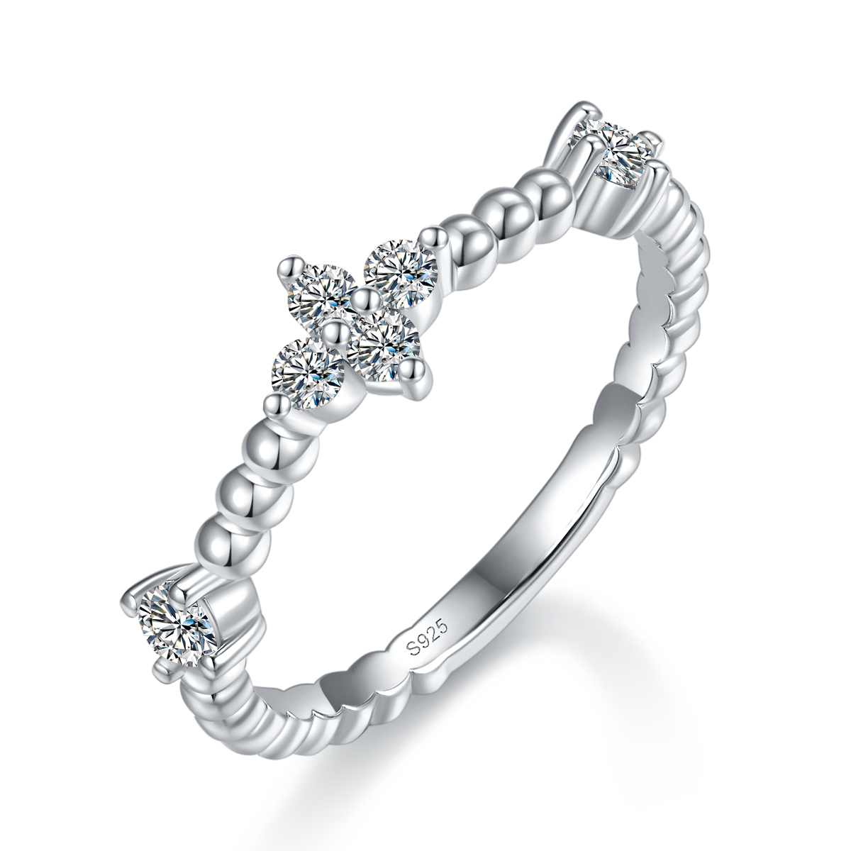 复古叠带珠珠女戒排戒S925银镀白金定制选款副石莫桑钻0.26ct