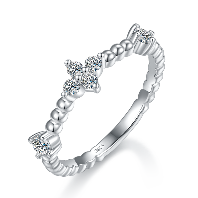 复古叠带珠珠Women's Ring排戒S925银镀白金定制选款副石Moissanite0.26ct