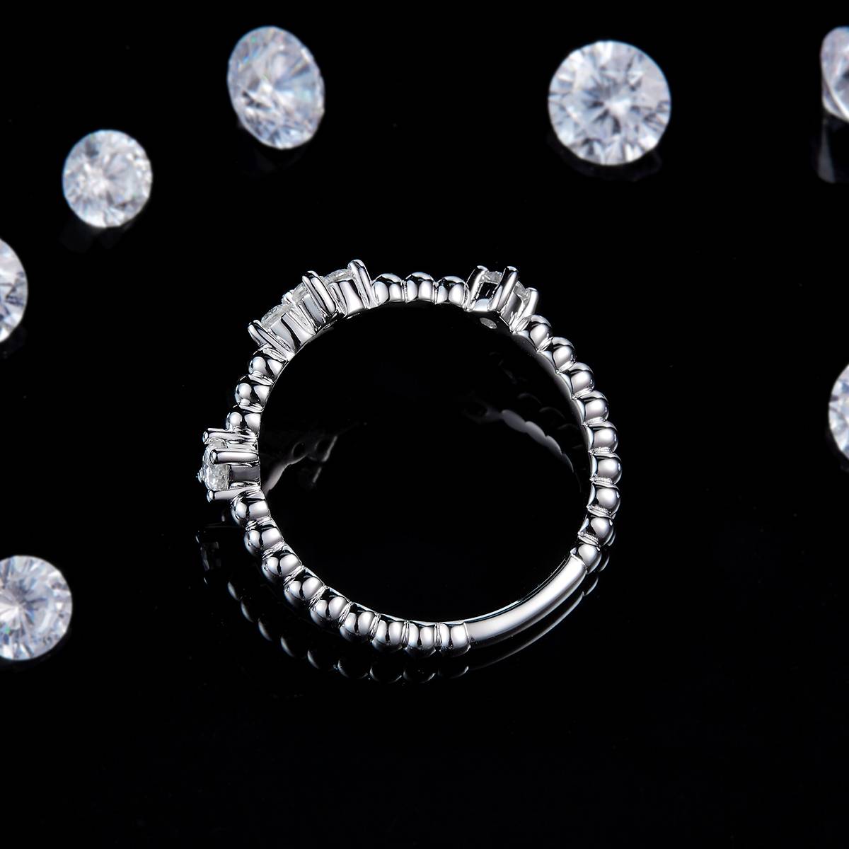 复古叠带珠珠女戒排戒S925银镀白金定制选款副石莫桑钻0.26ct