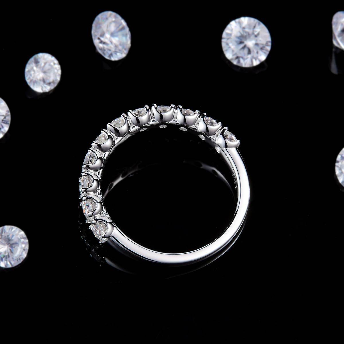3.0mm Half Circle Broken Diamond Ring S925 Silver Plated Platinum Customized Selection Side Stone Moissanite 1.1ct