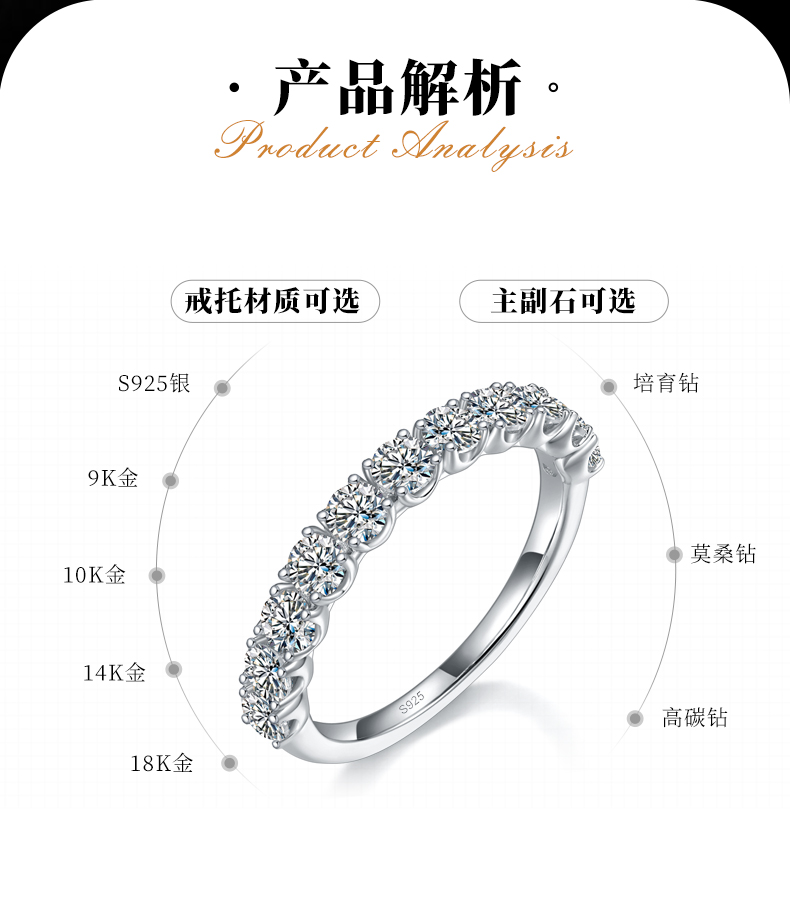 3.0mm半圈碎钻排戒S925银镀白金定制选款副石莫桑钻1.1ct - 2