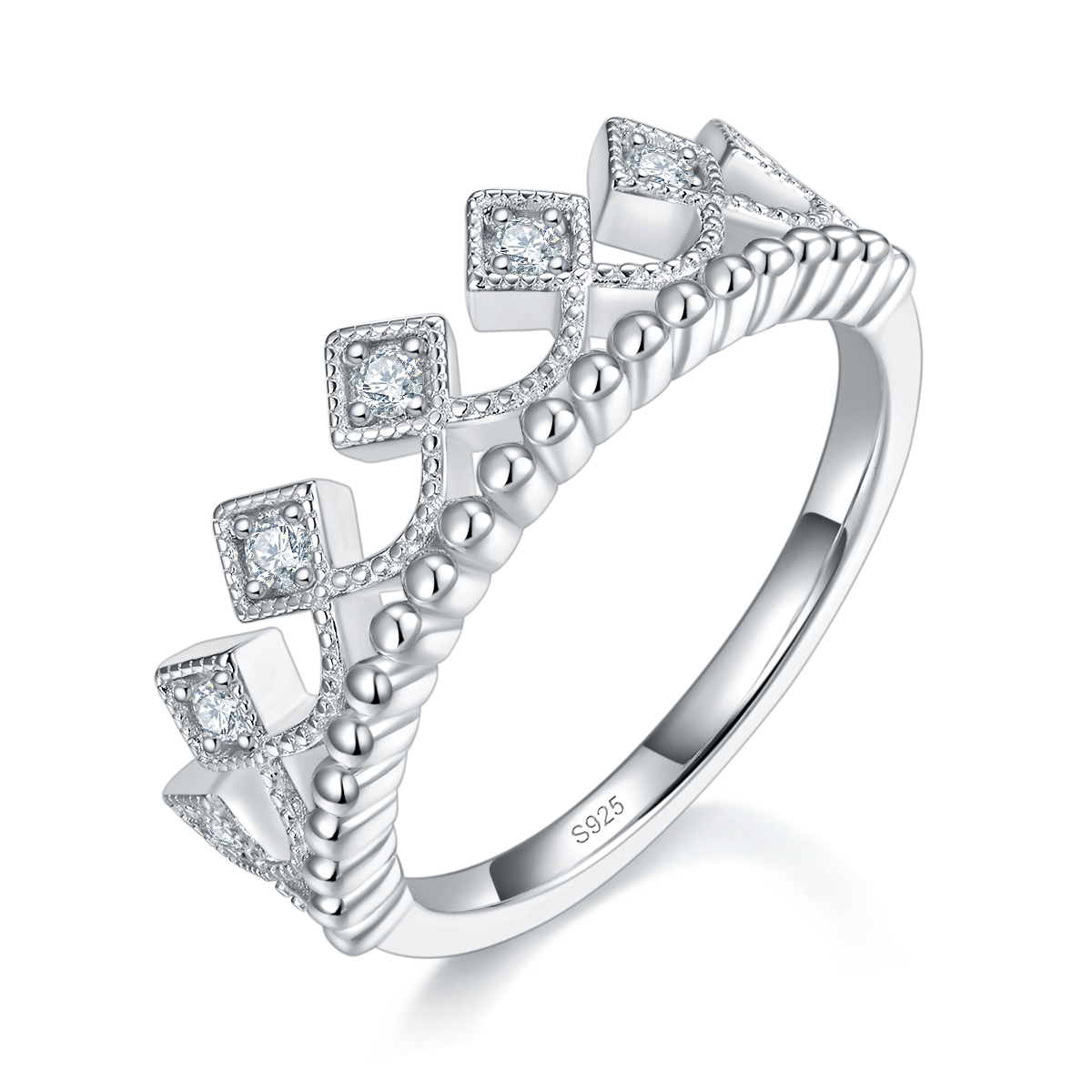 公主皇冠女戒排戒S925银镀白金定制选款副石莫桑钻0.14ct