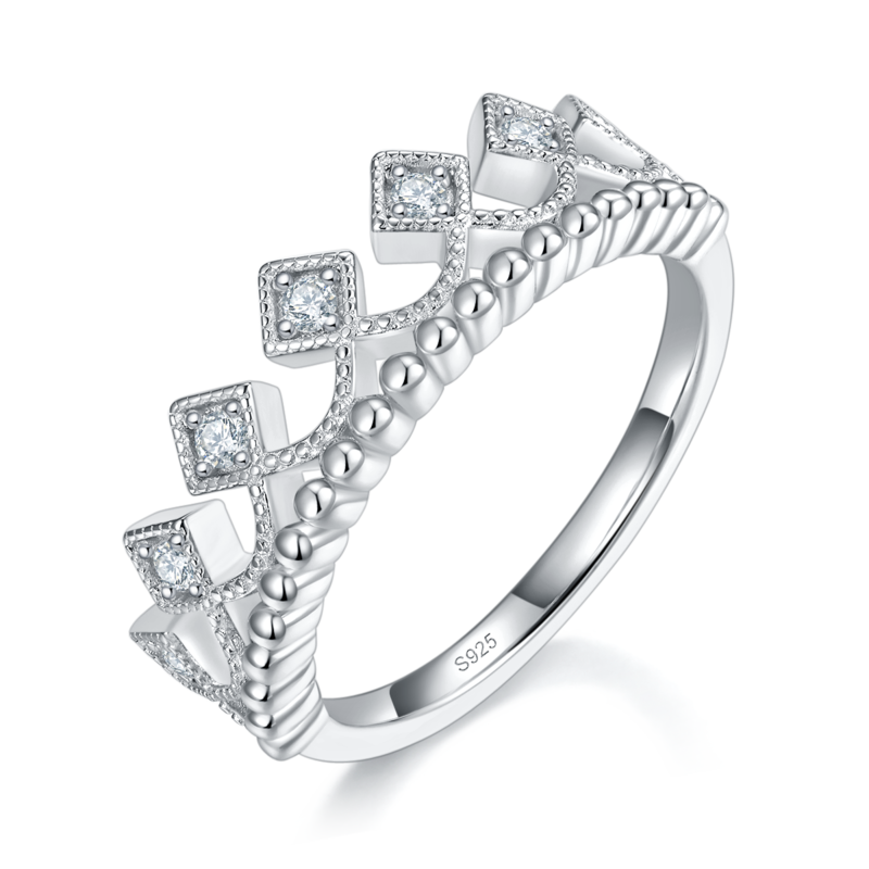 公主皇冠Women's Ring排戒S925银镀白金定制选款副石Moissanite0.14ct