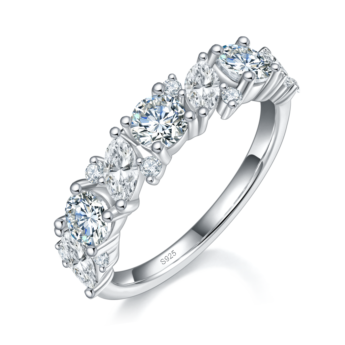 异形钻排戒S925银镀白金定制选款副石莫桑钻1.82ct