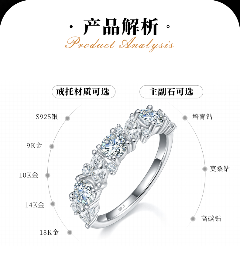 异形钻排戒S925银镀白金定制选款副石莫桑钻1.82ct - 2