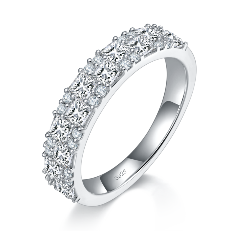 公主方碎钻排戒S925银镀白金定制选款副石Moissanite1.825ct