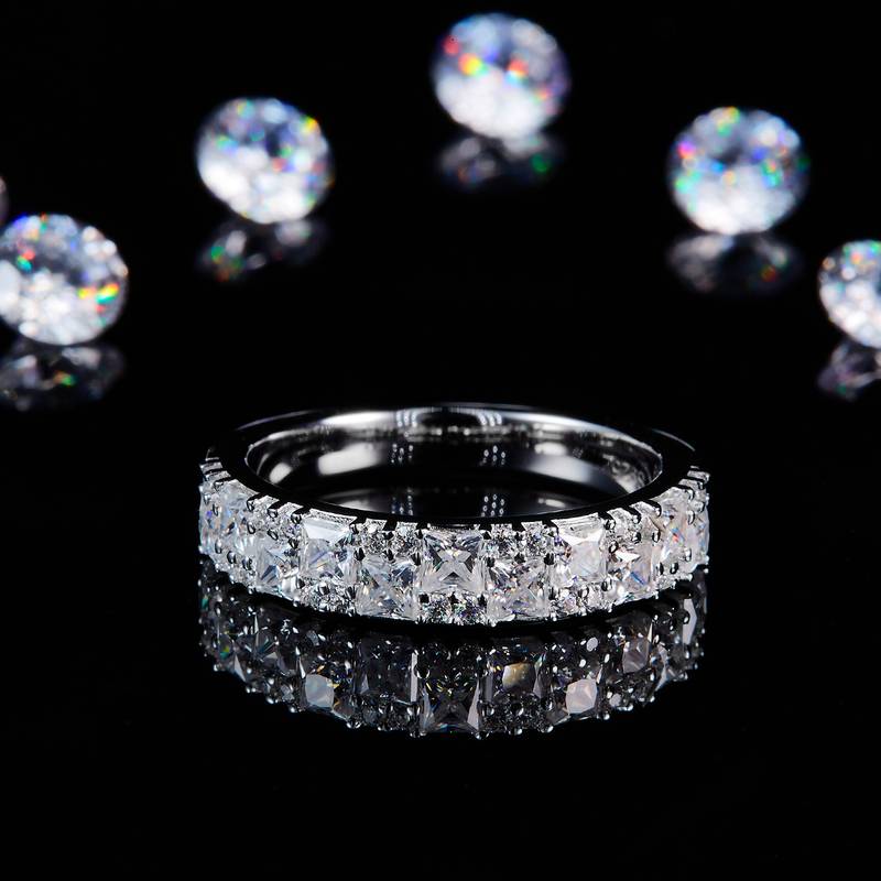 公主方碎钻排戒S925银镀白金定制选款副石Moissanite1.825ct