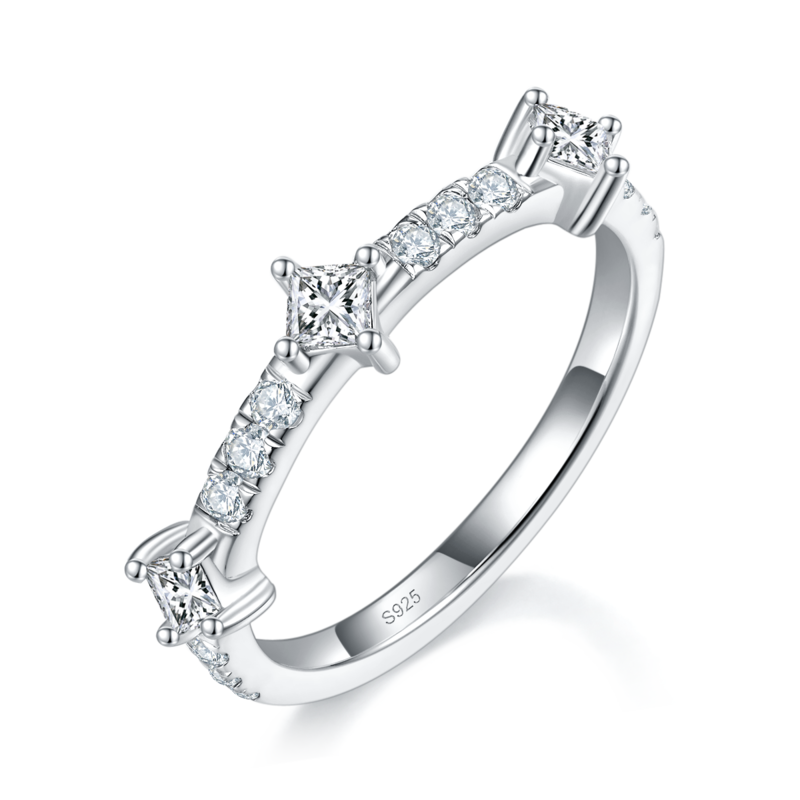 Fashion半圈碎钻排戒S925银镀白金定制选款副石Moissanite0.69ct