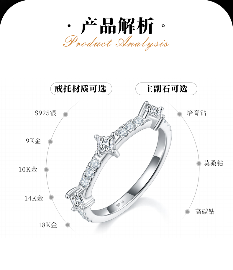 时尚半圈碎钻排戒S925银镀白金定制选款副石莫桑钻0.69ct - 2