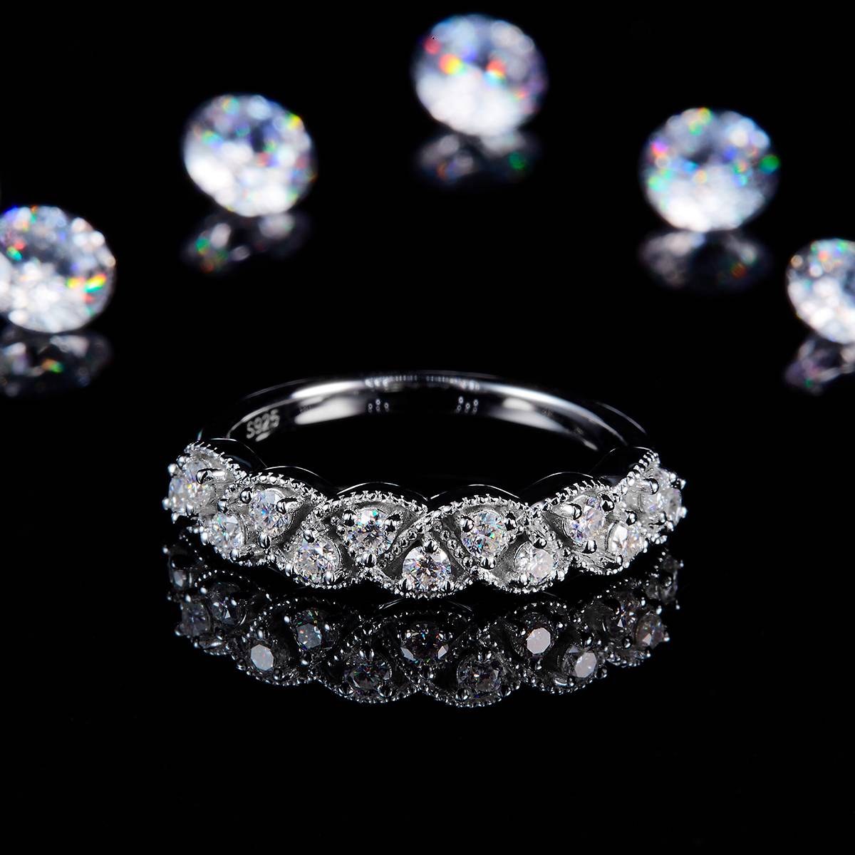 2.0mm排戒S925银镀白金定制选款副石莫桑钻0.39ct