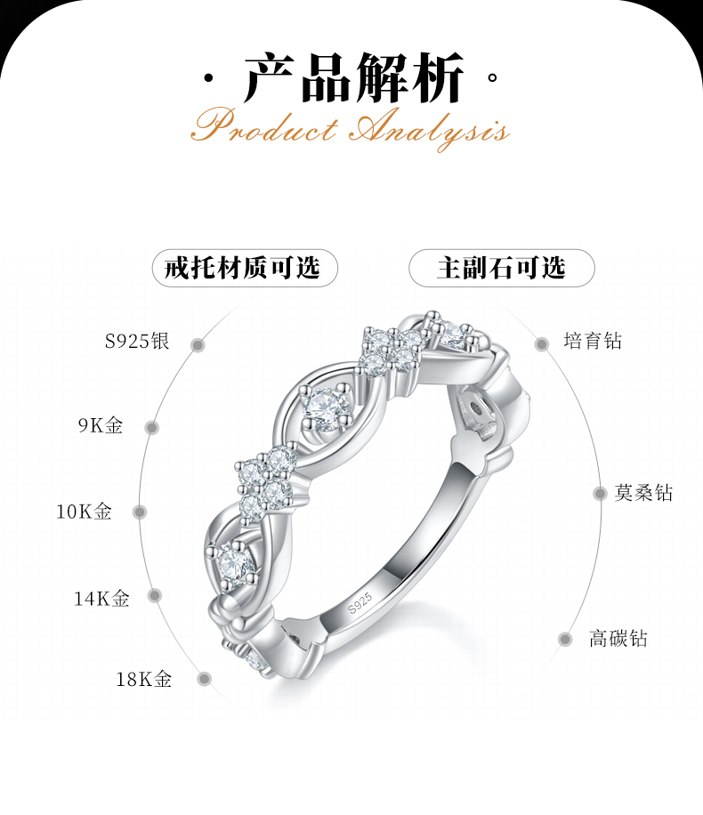 密镶链环排戒S925银镀白金定制选款副石莫桑钻0.436ct - 2