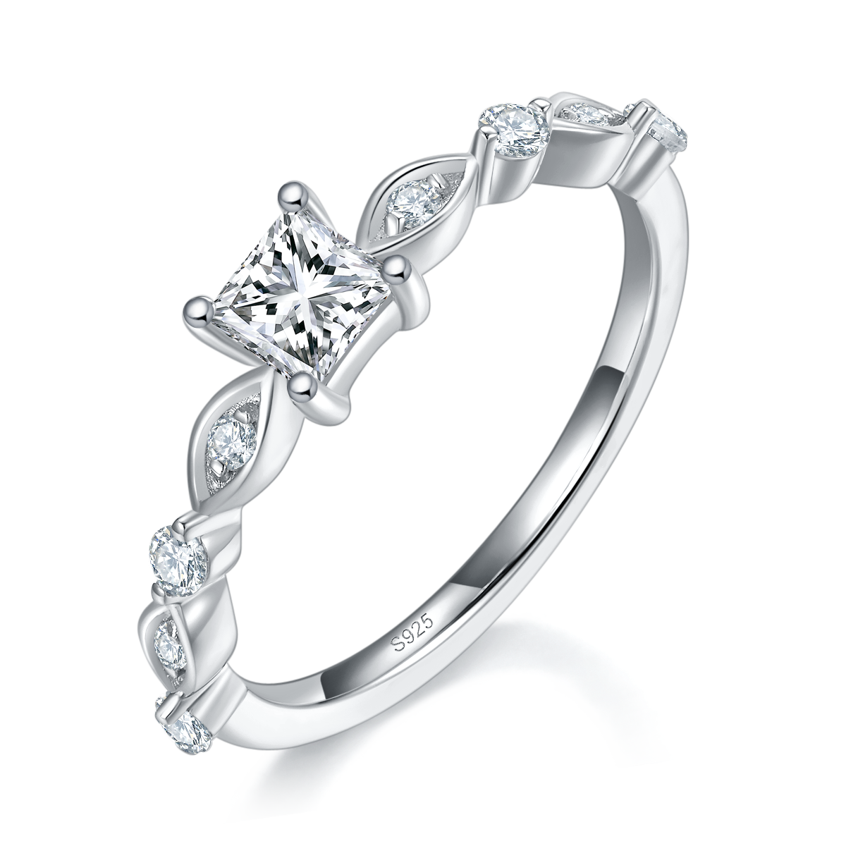Princess Alien Diamond Wedding Ring S925 Silver Plated Platinum Customized Selection Main Stone Moissanite 0.4ct/Side Stone Cubic Zirconia