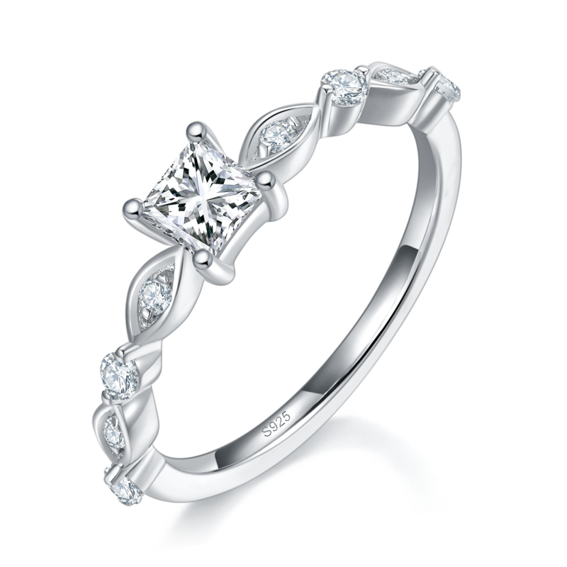 公主方异形钻婚戒S925银镀白金定制选款主石Moissanite0.4ct/副石高碳钻