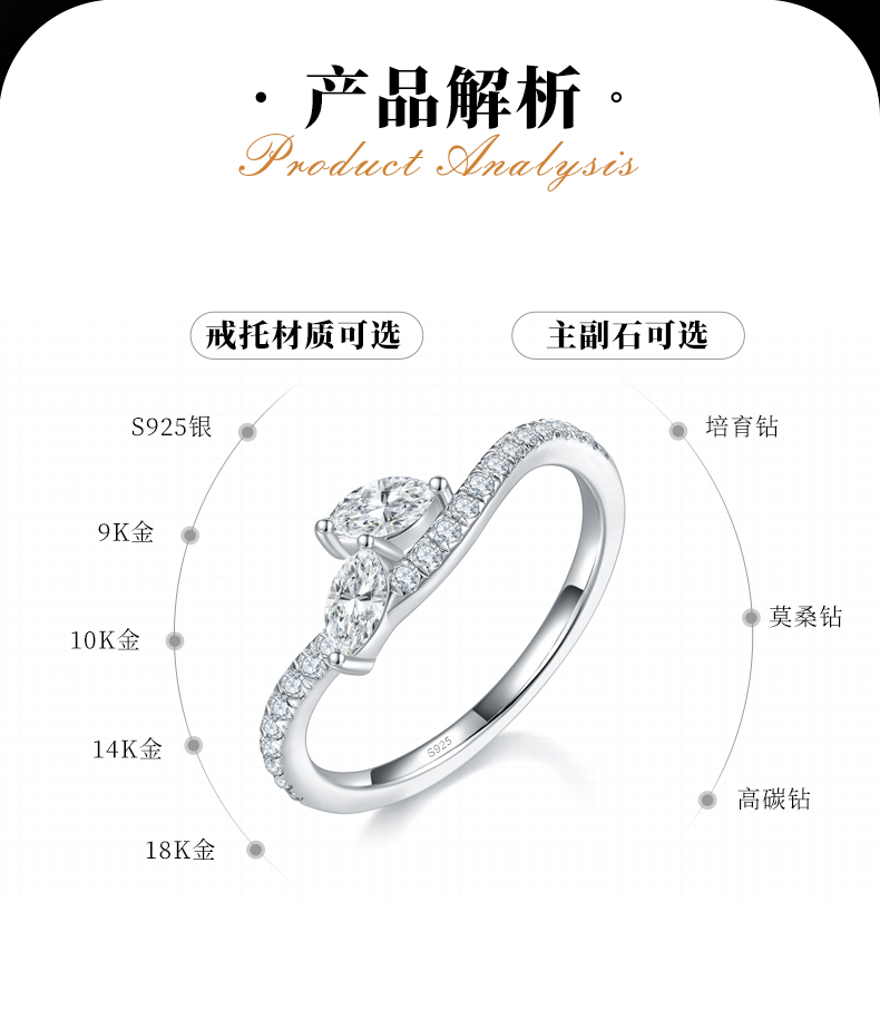 密镶马眼钻波浪女戒排戒S925银镀白金定制选款副石莫桑钻0.58ct - 2