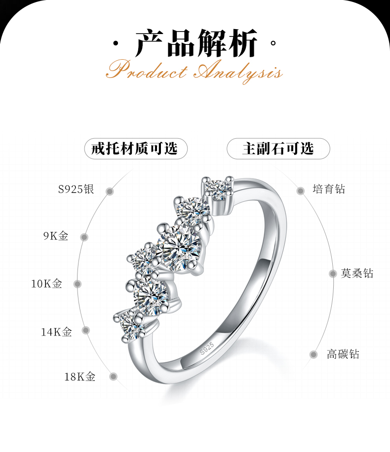 轻奢高级星河女戒排戒S925银镀白金定制选款副石莫桑钻0.765ct - 2