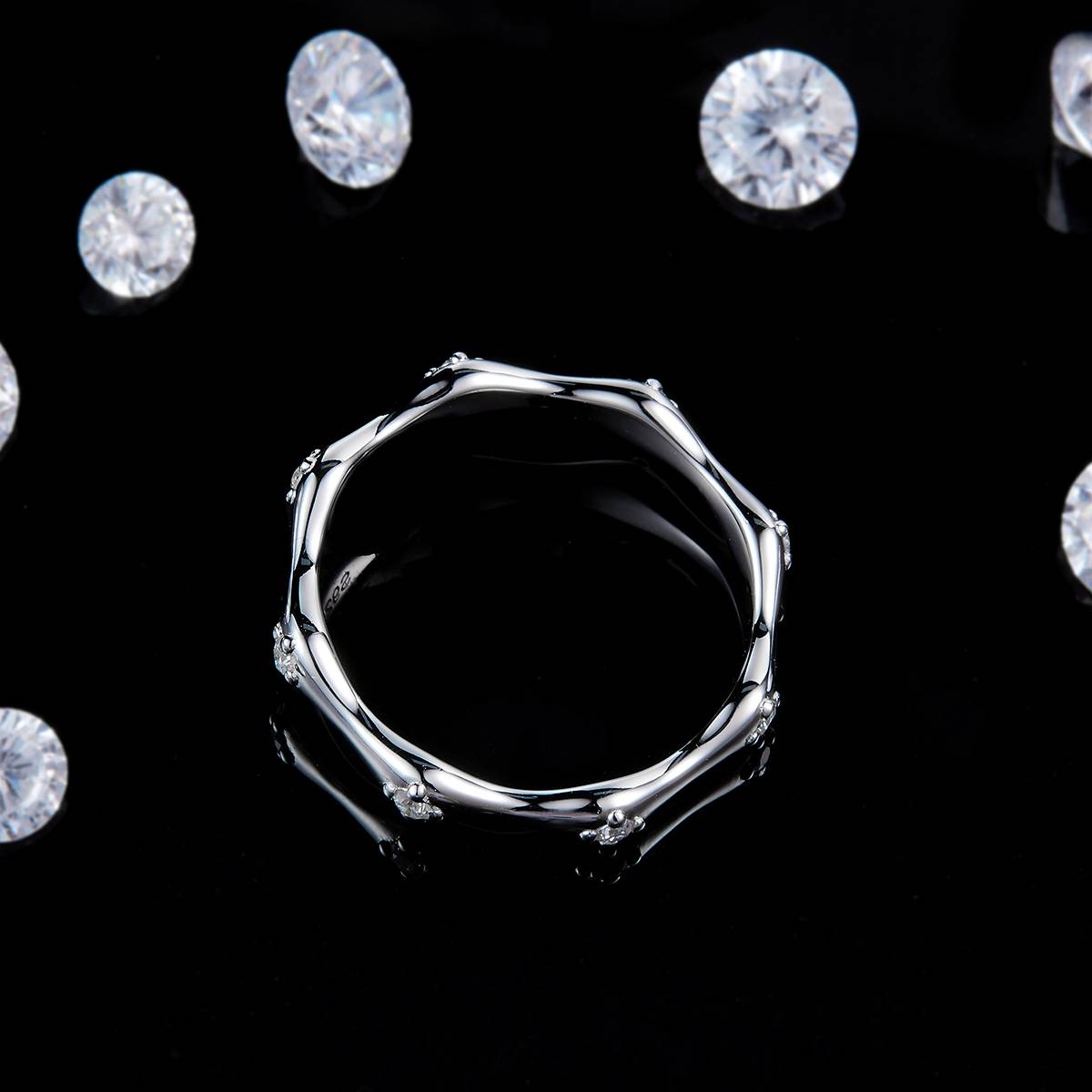 Bamboo lined ring S925 silver plated platinum customized option Side Stone Moissanite 0.16ct