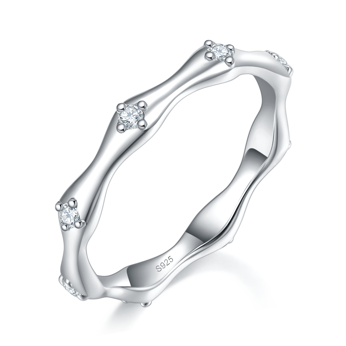 Bamboo lined ring S925 silver plated platinum customized option Side Stone Moissanite 0.16ct