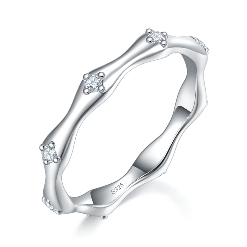 竹节排戒S925银镀白金定制选款副石Moissanite0.16ct
