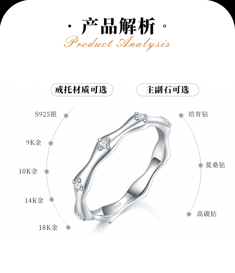 竹节排戒S925银镀白金定制选款副石莫桑钻0.16ct - 2