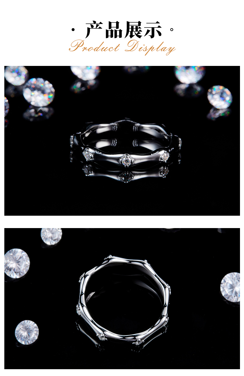 竹节排戒S925银镀白金定制选款副石莫桑钻0.16ct - 3