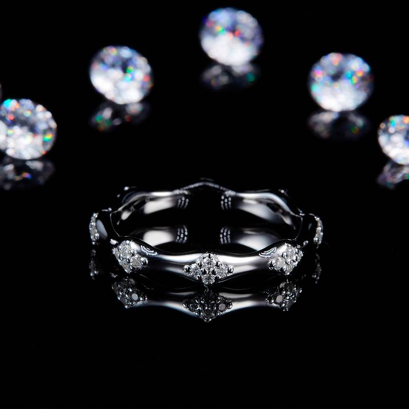 太阳花星芒排戒S925银镀白金定制选款副石Moissanite0.26ct