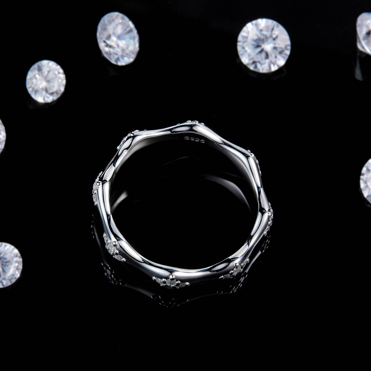 太阳花星芒排戒S925银镀白金定制选款副石莫桑钻0.26ct