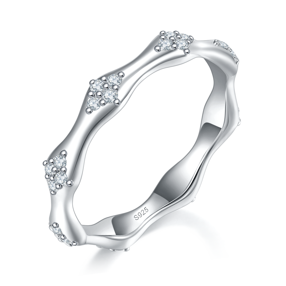 太阳花星芒排戒S925银镀白金定制选款副石莫桑钻0.26ct