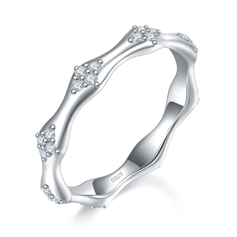 太阳花星芒排戒S925银镀白金定制选款副石Moissanite0.26ct