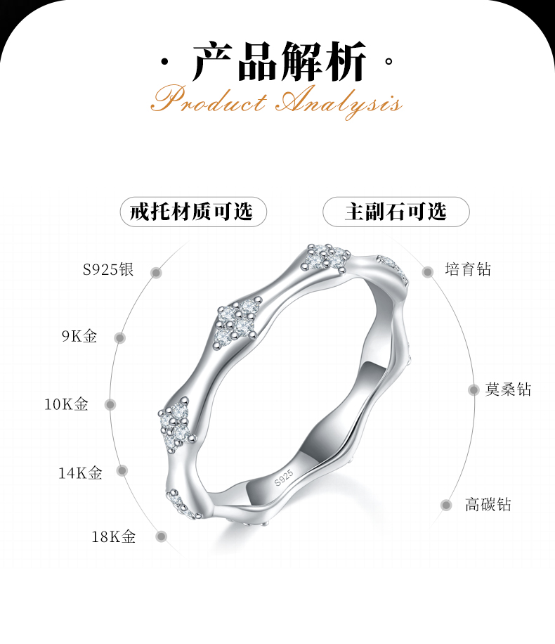 太阳花星芒排戒S925银镀白金定制选款副石莫桑钻0.26ct - 2