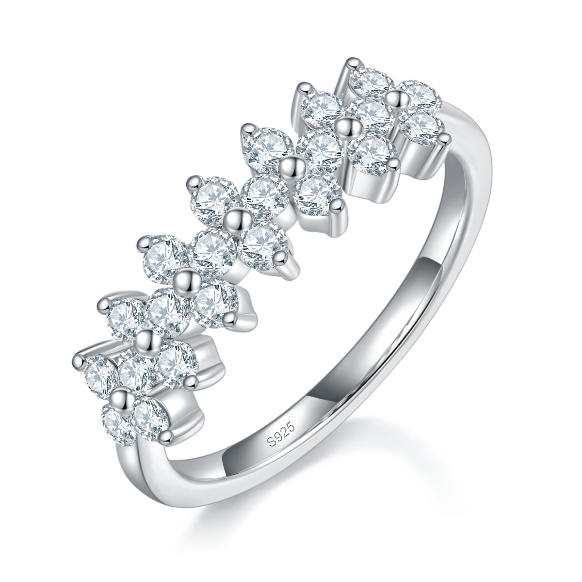 四叶草排戒S925银镀白金定制选款副石莫桑钻0.66ct