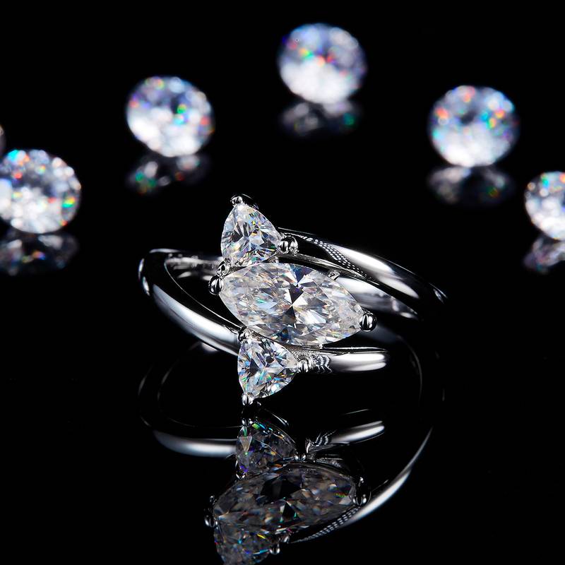两戴宽版马眼钻女戒S925银镀白金定制选款主石莫桑钻1.0ct/副石高碳钻