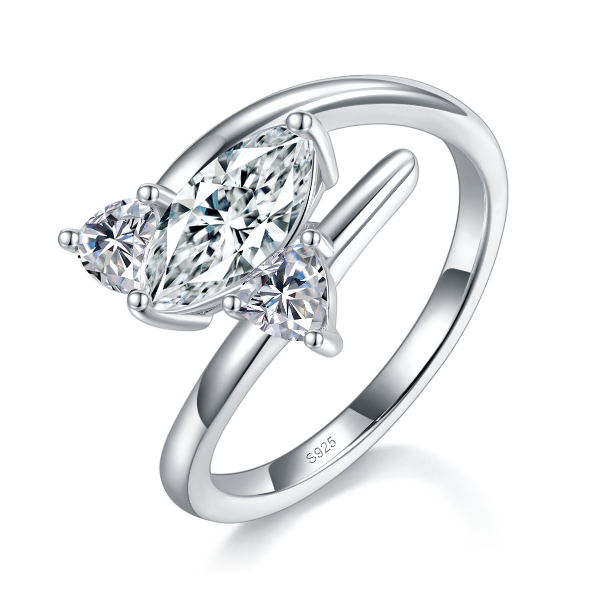 两戴宽版马眼钻女戒S925银镀白金定制选款主石莫桑钻1.0ct/副石高碳钻