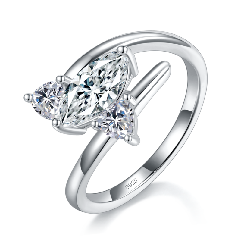 两戴宽版马眼钻女戒S925银镀白金定制选款主石莫桑钻1.0ct/副石高碳钻