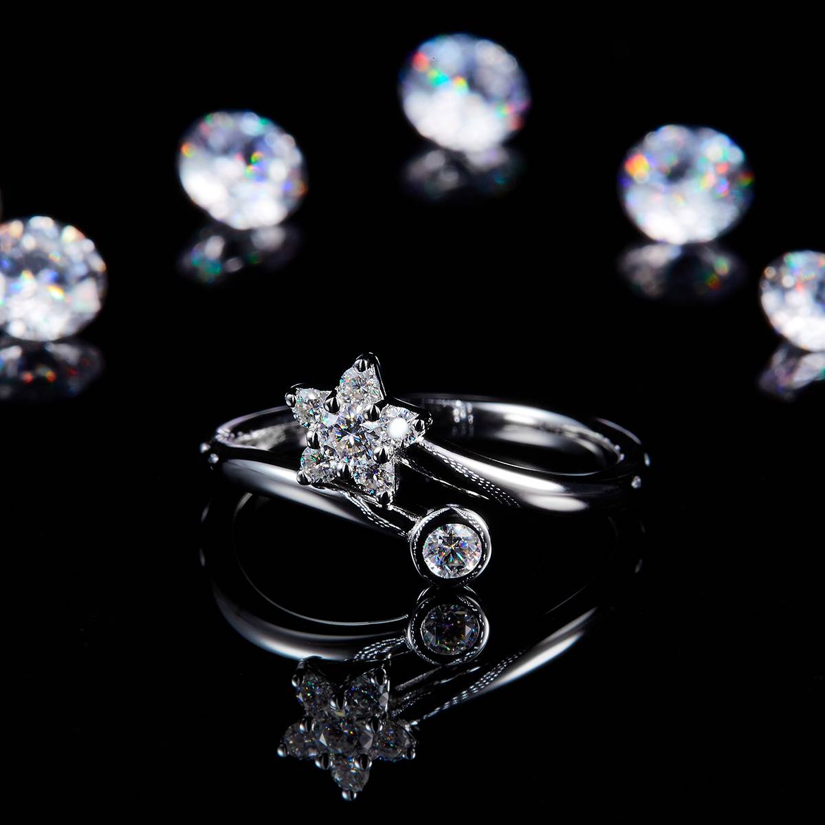 星星开口女戒S925银镀白金定制选款副石莫桑钻0.28ct