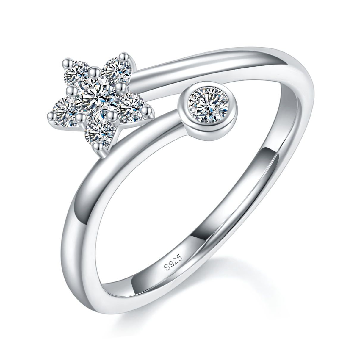 星星开口女戒S925银镀白金定制选款副石莫桑钻0.28ct