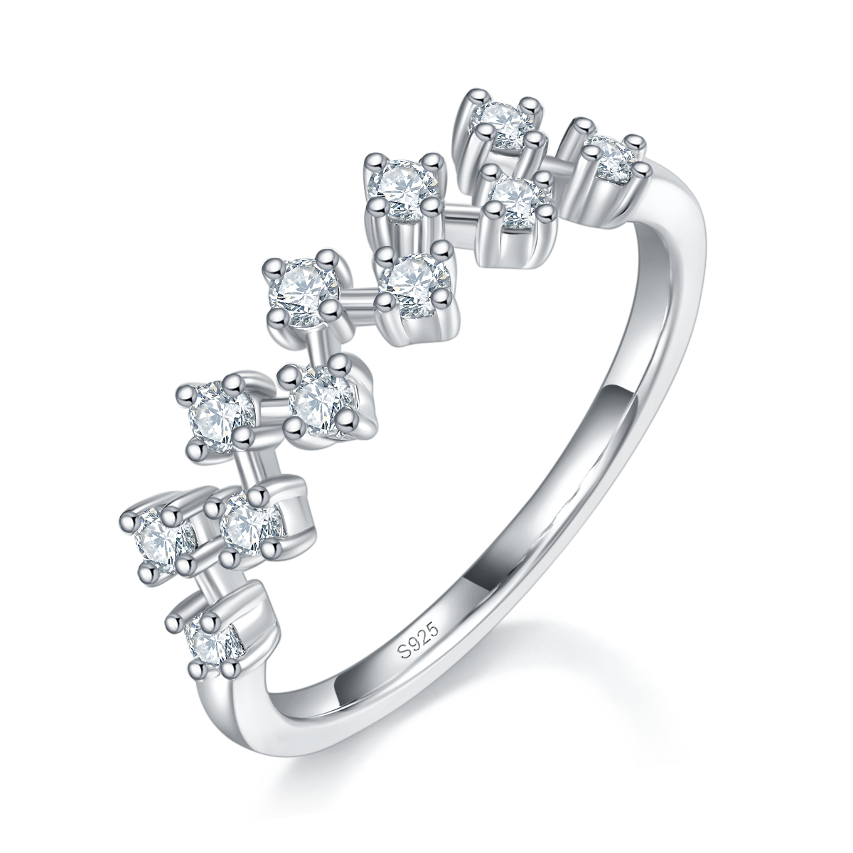 时尚不规则叠带排戒S925银镀白金定制选款副石莫桑钻0.33ct