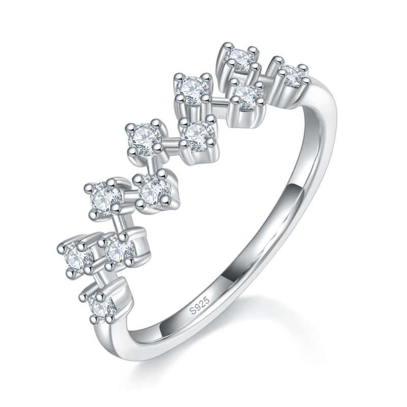 Fashion不规则叠带排戒S925银镀白金定制选款副石Moissanite0.33ct