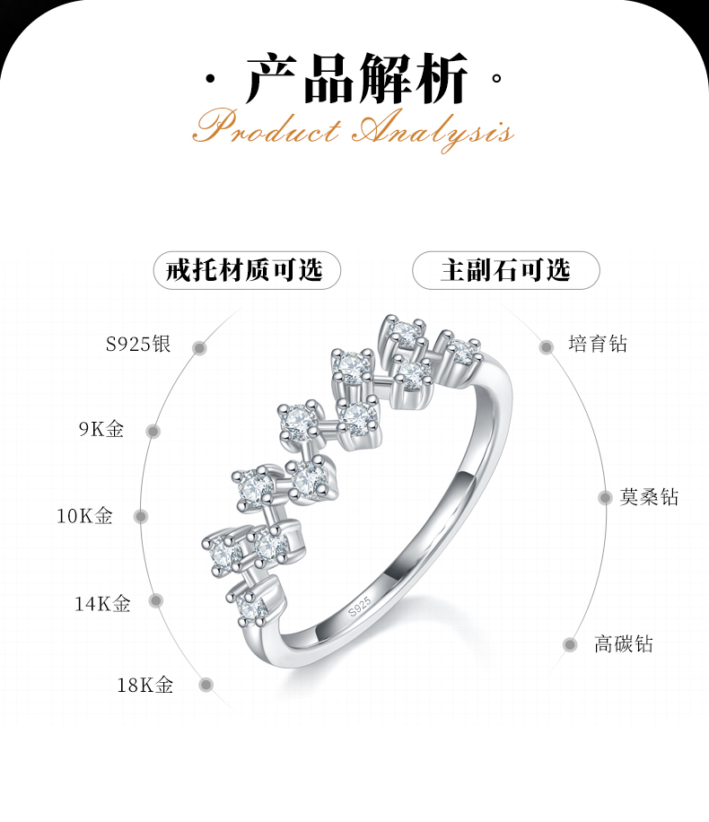 时尚不规则叠带排戒S925银镀白金定制选款副石莫桑钻0.33ct - 2