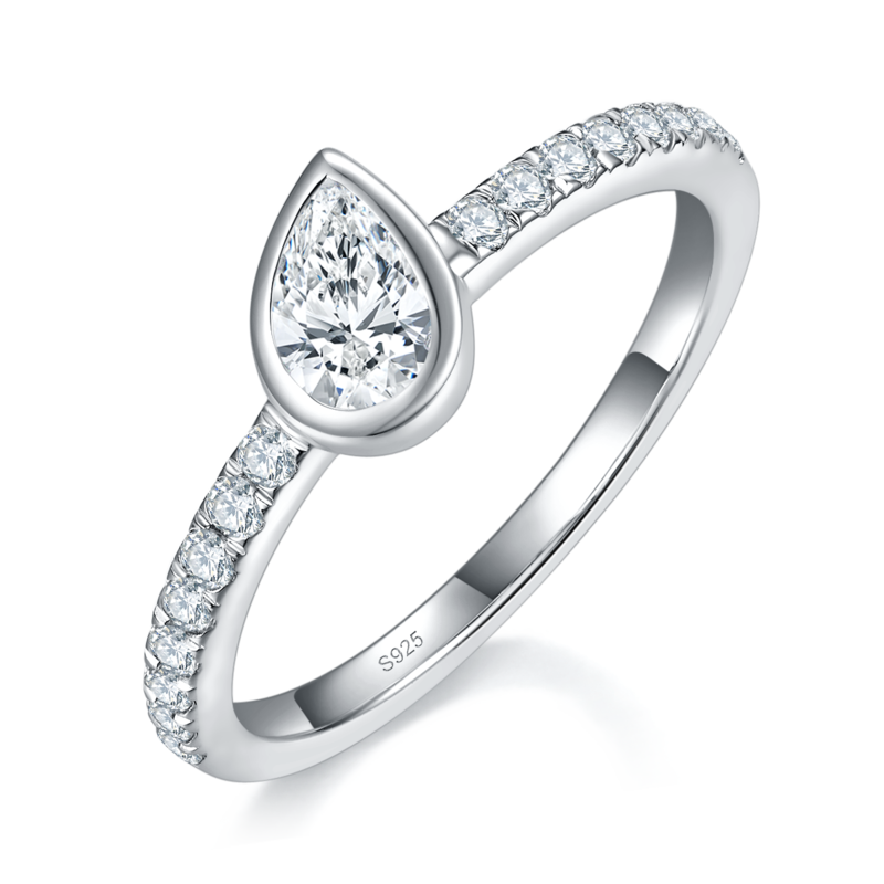 梨形钻包镶Women's RingS925银镀白金定制选款主石Moissanite0.5ct/副石高碳钻