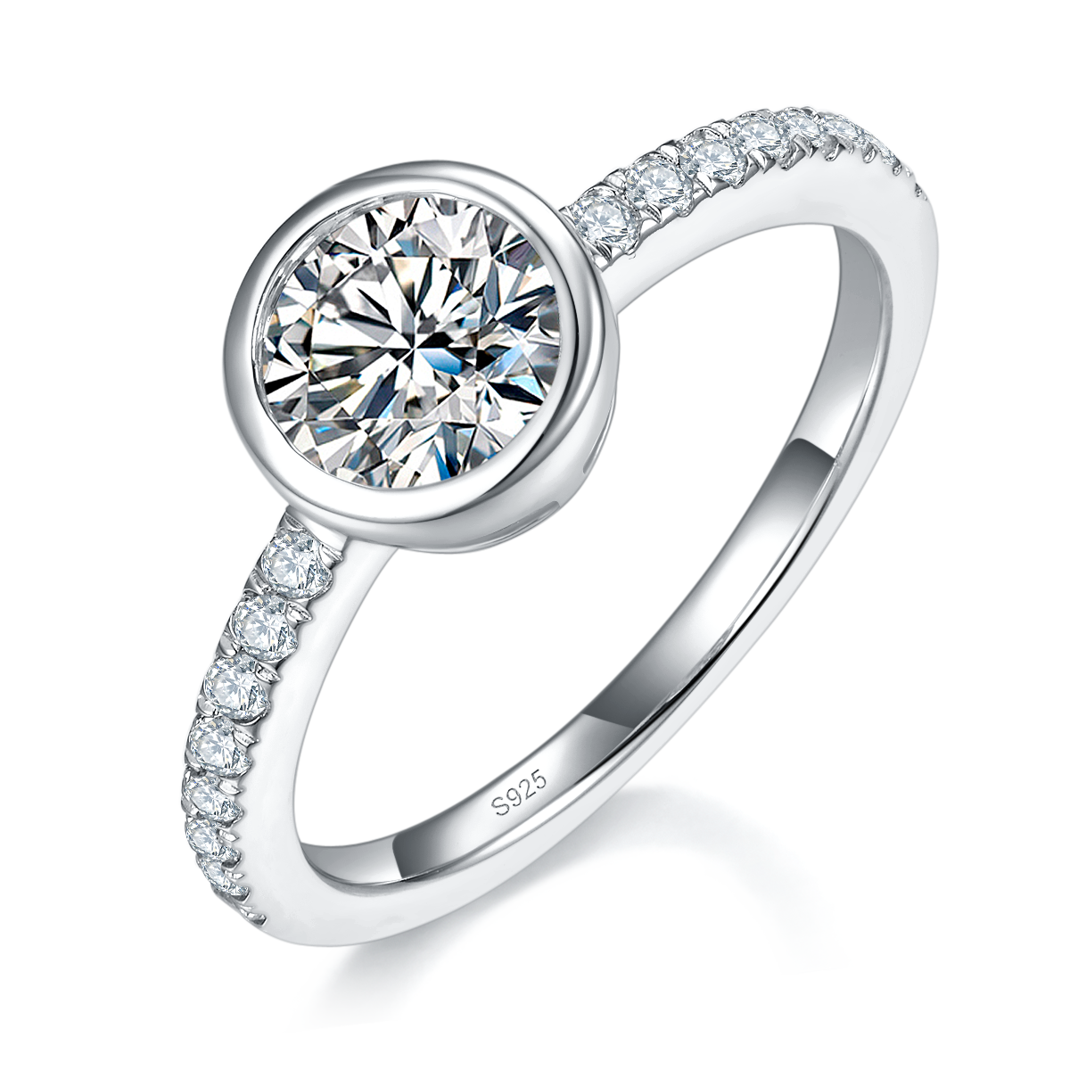 包镶圆钻女戒S925银镀白金定制选款主石莫桑钻1.0ct/副石高碳钻