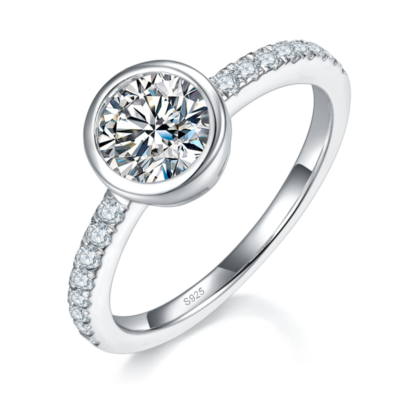 包镶圆钻Women's RingS925银镀白金定制选款主石Moissanite1.0ct/副石高碳钻