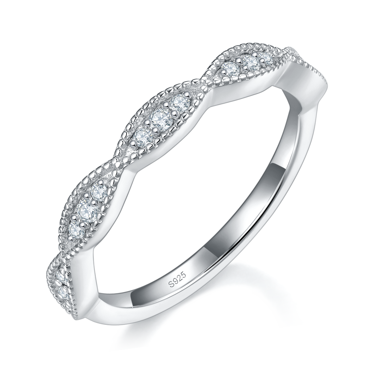 个性珠边排戒S925银镀白金定制选款副石莫桑钻0.155ct