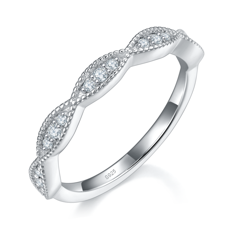 个性珠边排戒S925银镀白金定制选款副石Moissanite0.155ct