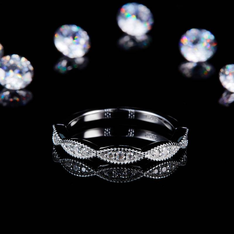 个性珠边排戒S925银镀白金定制选款副石Moissanite0.155ct