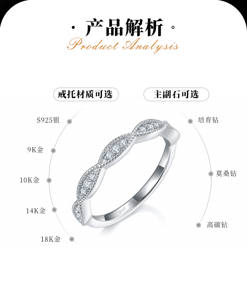 个性珠边排戒S925银镀白金定制选款副石莫桑钻0.155ct - 2