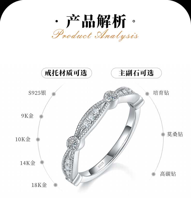 指尖浪漫小排戒S925银镀白金定制选款副石莫桑钻0.23ct - 2