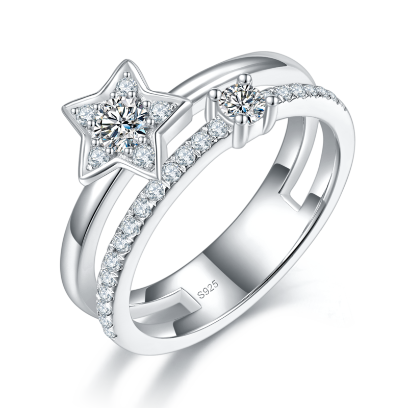 星星双层戒臂排戒S925银镀白金定制选款副石Moissanite0.55ct