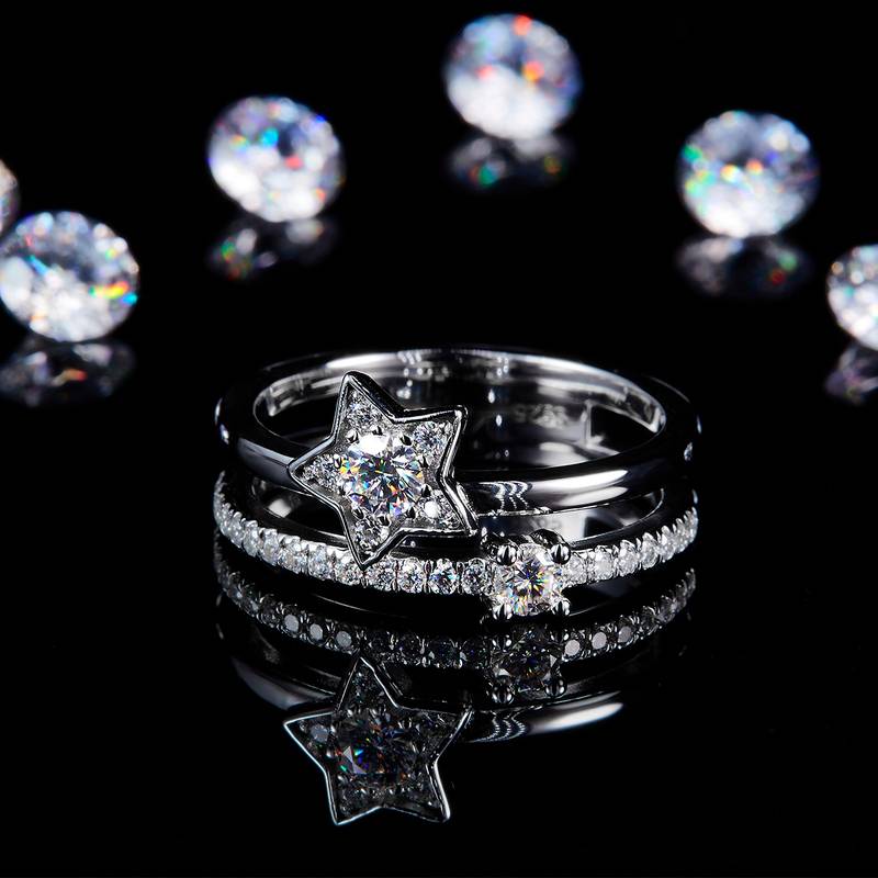 星星双层戒臂排戒S925银镀白金定制选款副石Moissanite0.55ct